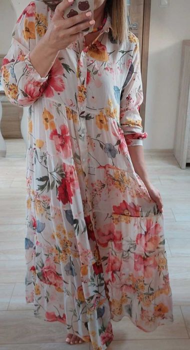 Zara kolorowa sukienka maxi w kwiaty