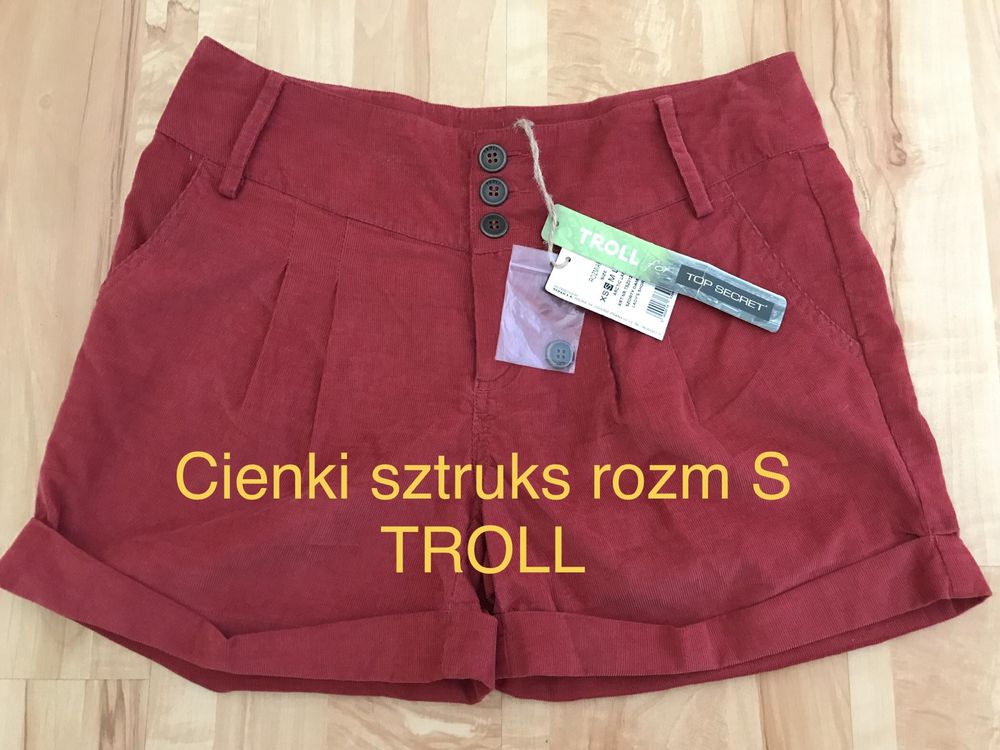 Troll S damskie krótkie spodneki sztruksowe nowe z metką bordowe lato