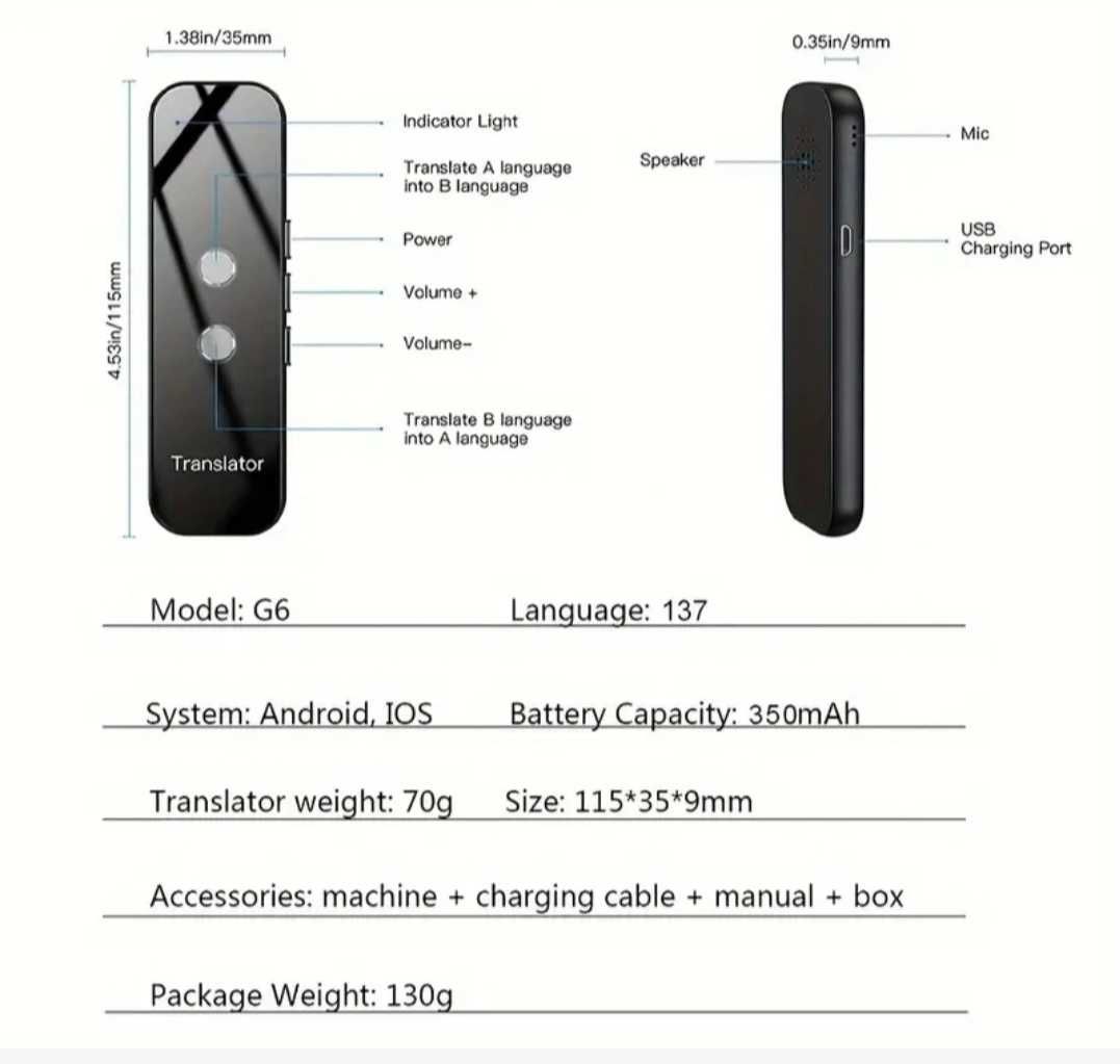 Перекладач голосовий, G6 Bluetooth TRANSLATOR, 2024 р., 137 мов.