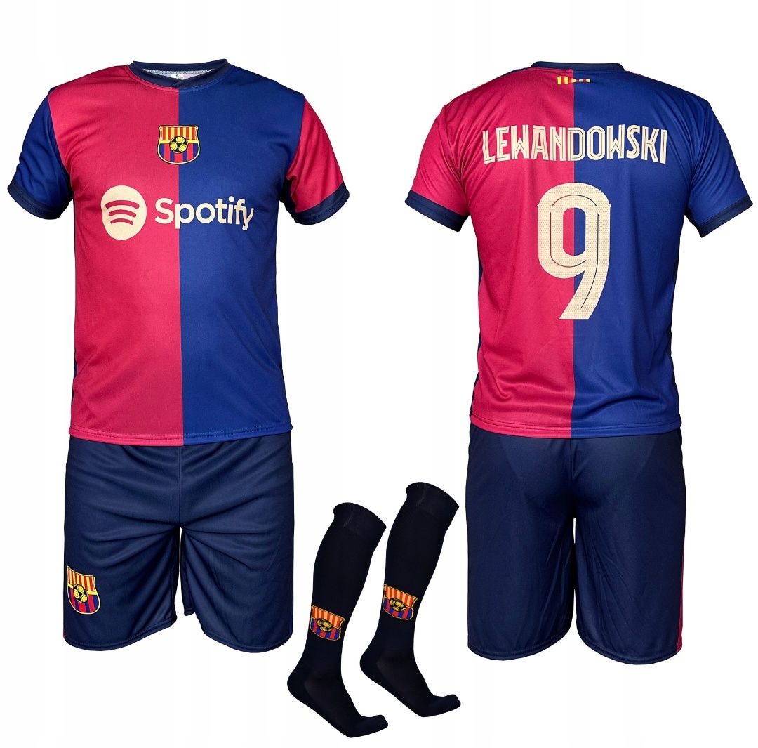 Strój piłkarski dziecięcy z getrami FC Barcelona Lewandowski rozm. 128