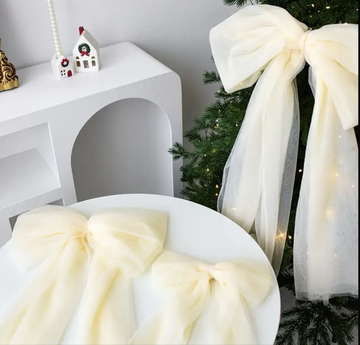 Різдвяна стрічка! Різдвяний бант на ялинку. Червоний та кремовий/білий