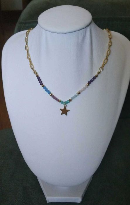 Colar Aço Dourado e Contas de Vidro Facetadas Coloridas NOVO - SALDO