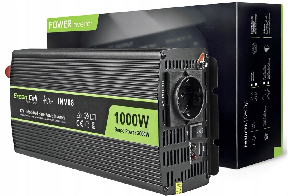 Nowa Przetwornica GREENCELL 12V na 230V 1000W/2000W Modyfikowana