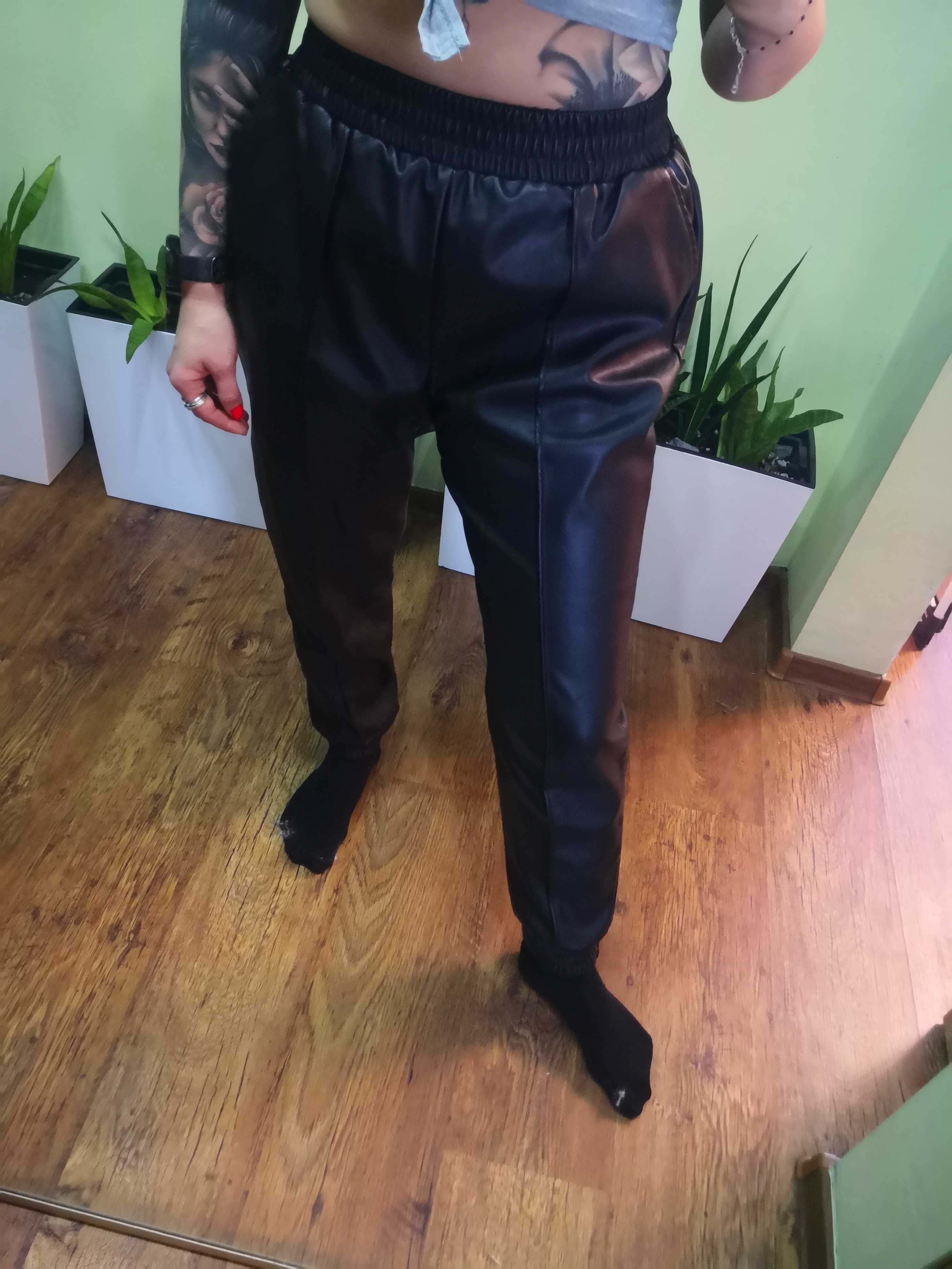 Czarne, skórzane joggery, luźne spodnie, eko skóra, 38, M, rurki