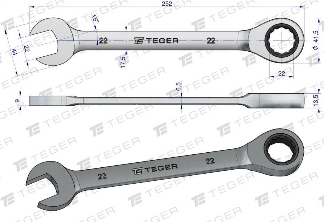 TEGER Klucz płasko-oczkowy z grzechotką 22 mm