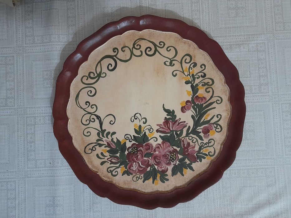 Drewniany zdobiony talerz 37,5 cm ścienny obraz stary vintage cepelia