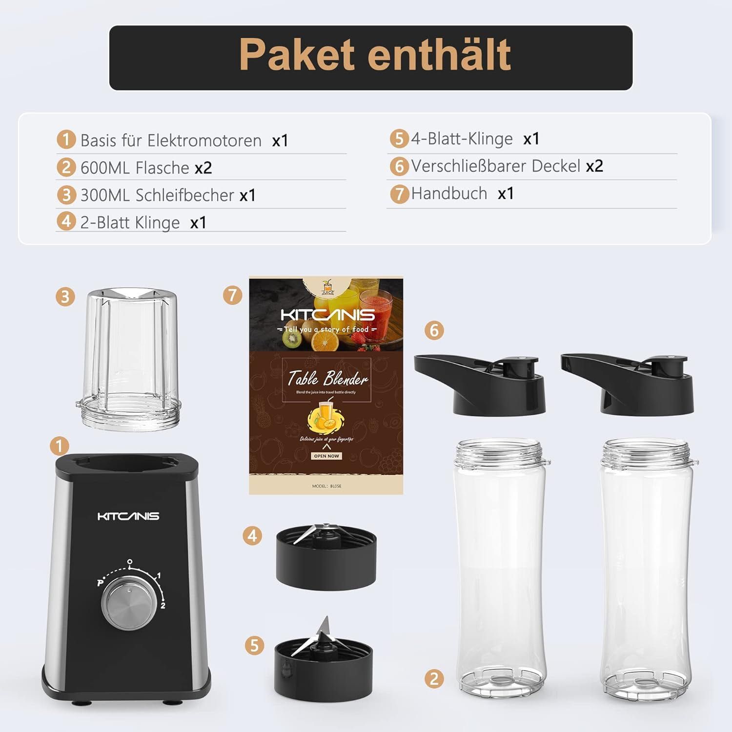 KITCANIS Blender mikser stojacy 3w1 600w z 2 butelkami 600ml