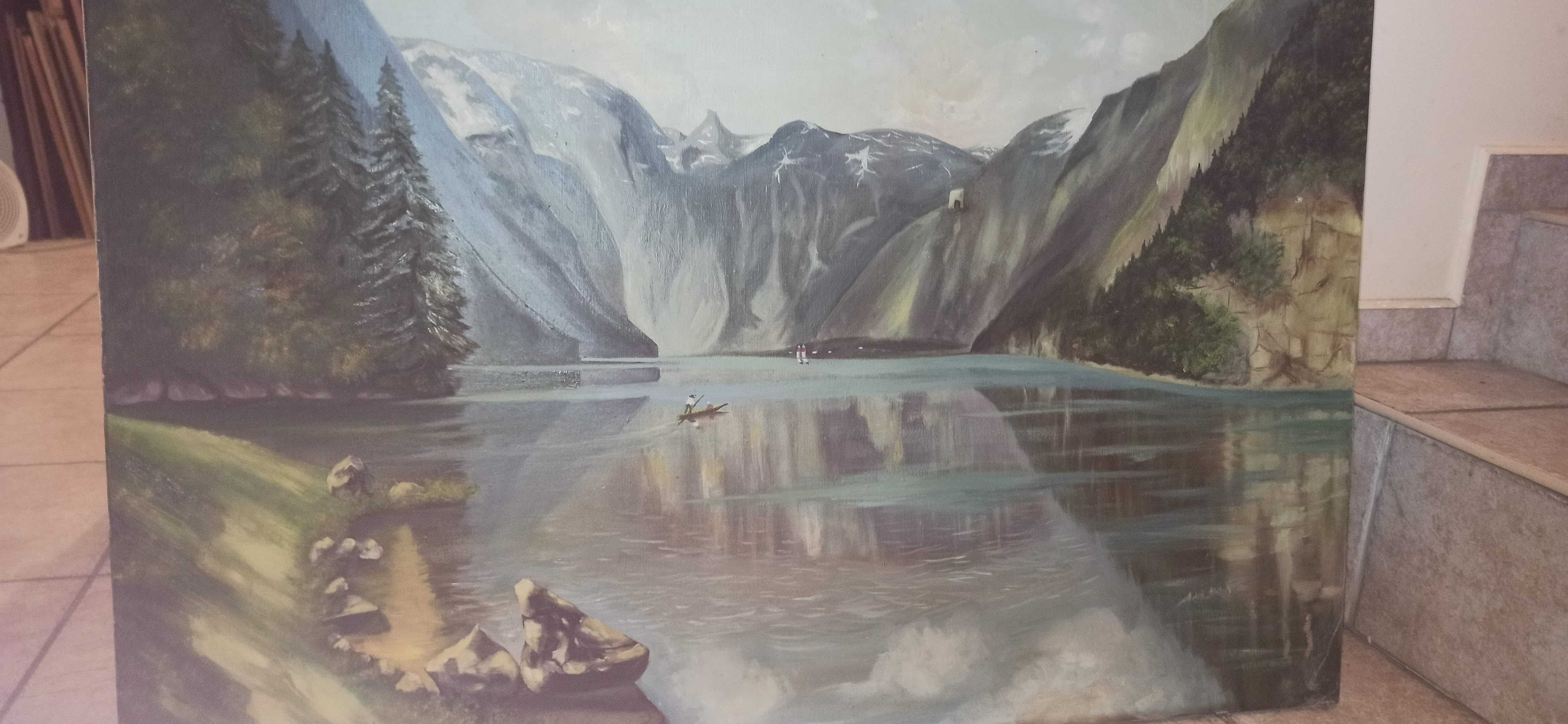 Przedwojenny obraz Pejzaż góry -Jezioro