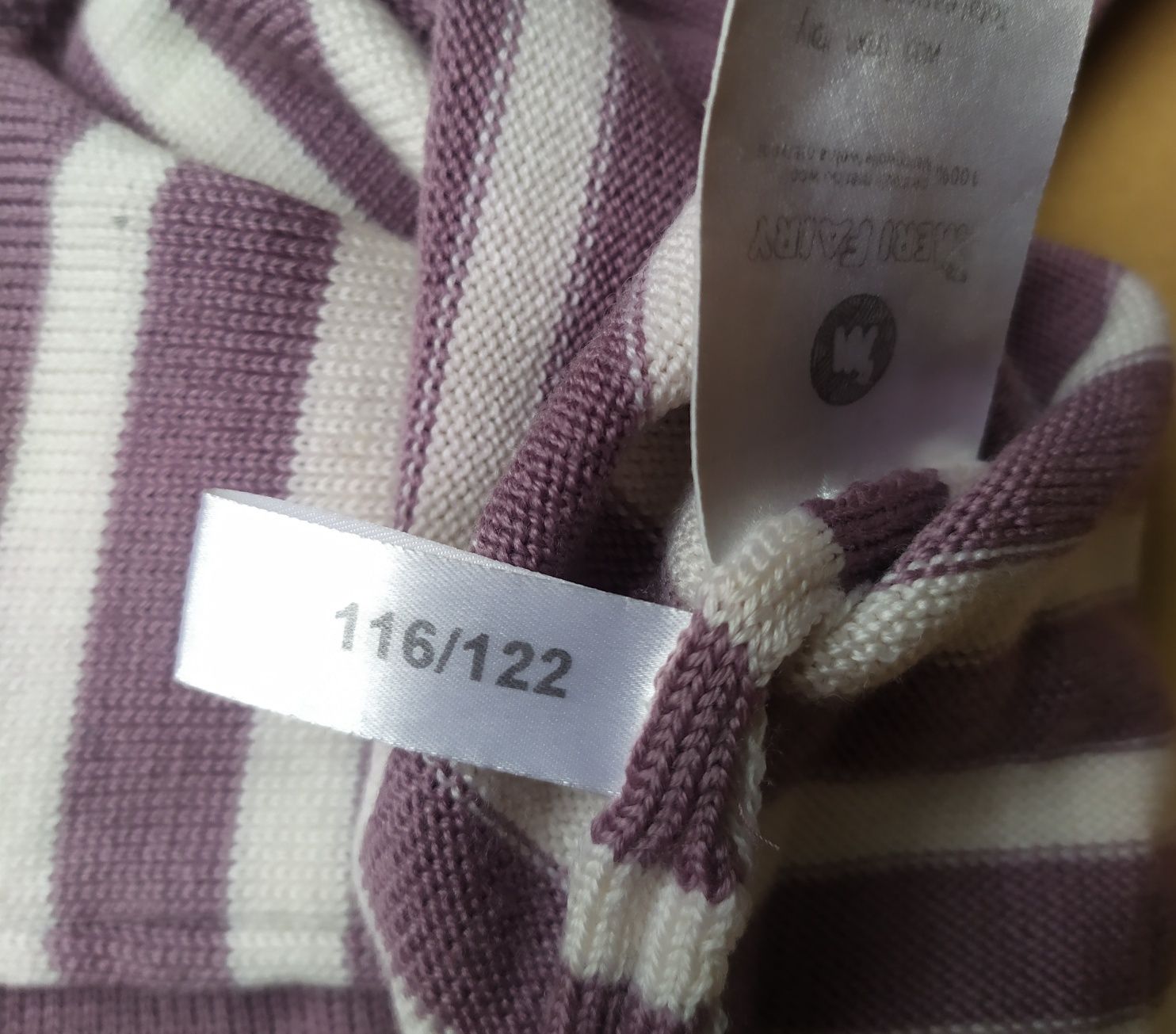 Sweter 100% merino od Meri Fairy, 116/122, pudrowy róż i białe paski