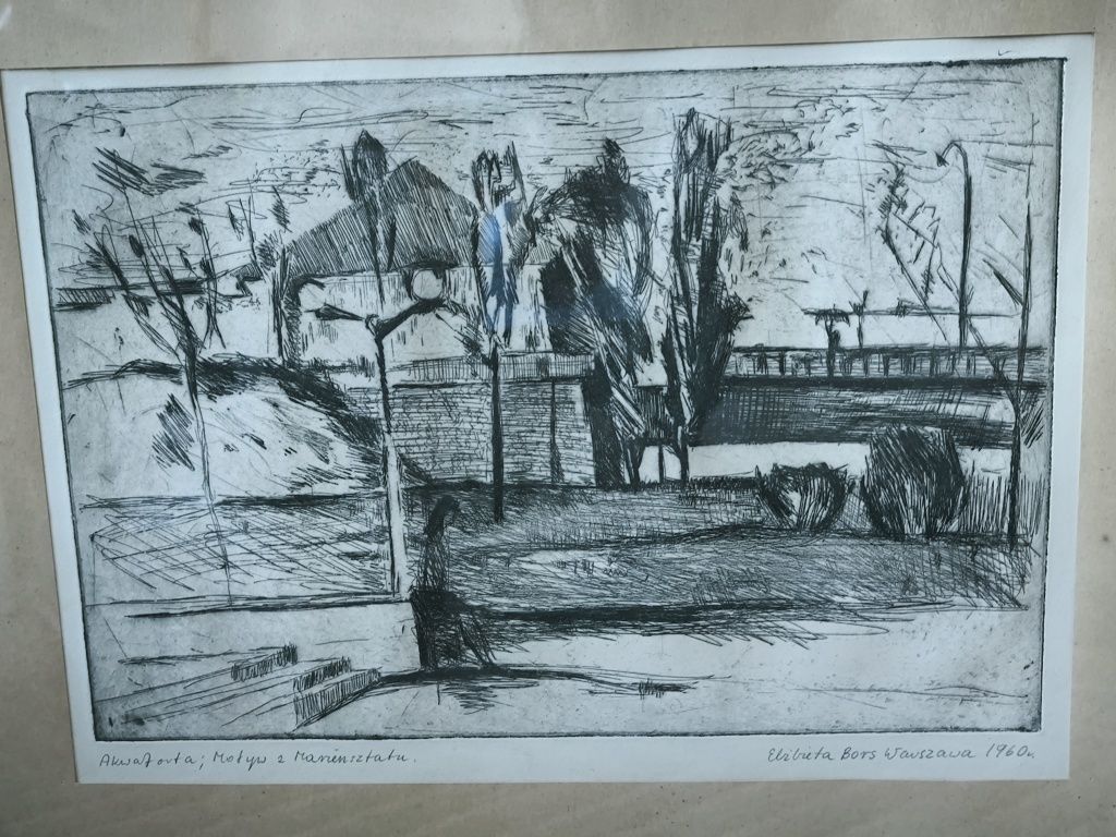 Elżbieta Bors 1960 grafika Akwaforta Warszawa Motyw z Mariensztatu PRL