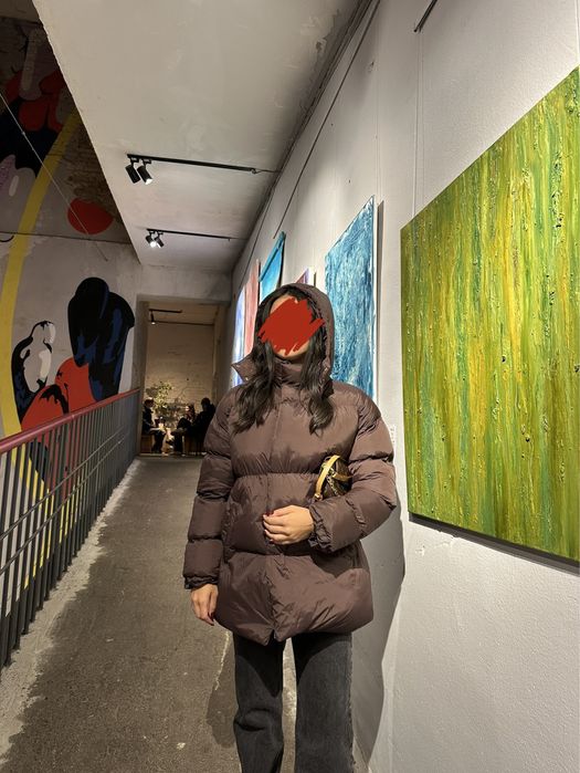 Новый стильний пуховик оверсайз L, трендовий шоколадний відтінок