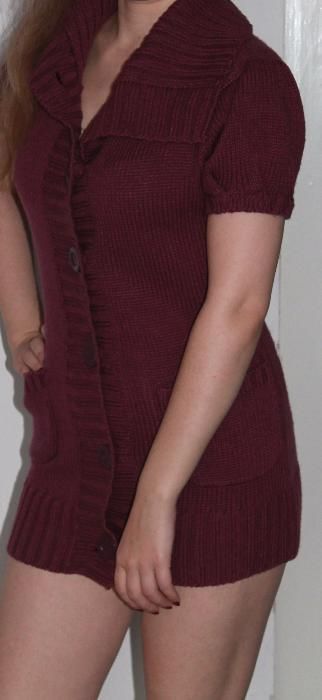 NOWY burgundowy sweter długi kardigan bordowy fioletowy wełniany 34 36