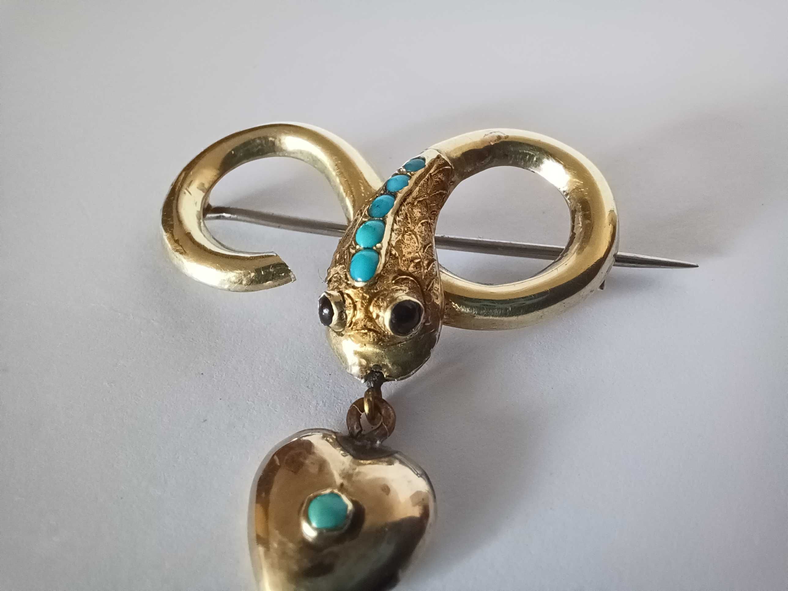 Золота вікторіанська брошка, змія, бірюза, 9 ct, символ вічності.