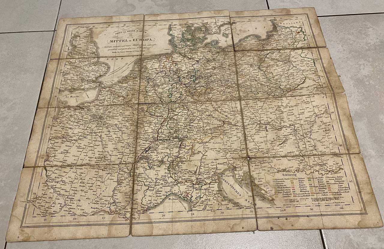 Mapa Europy 1832 r. oryginał na płótnie Berlin Simon Schropp et Comp.