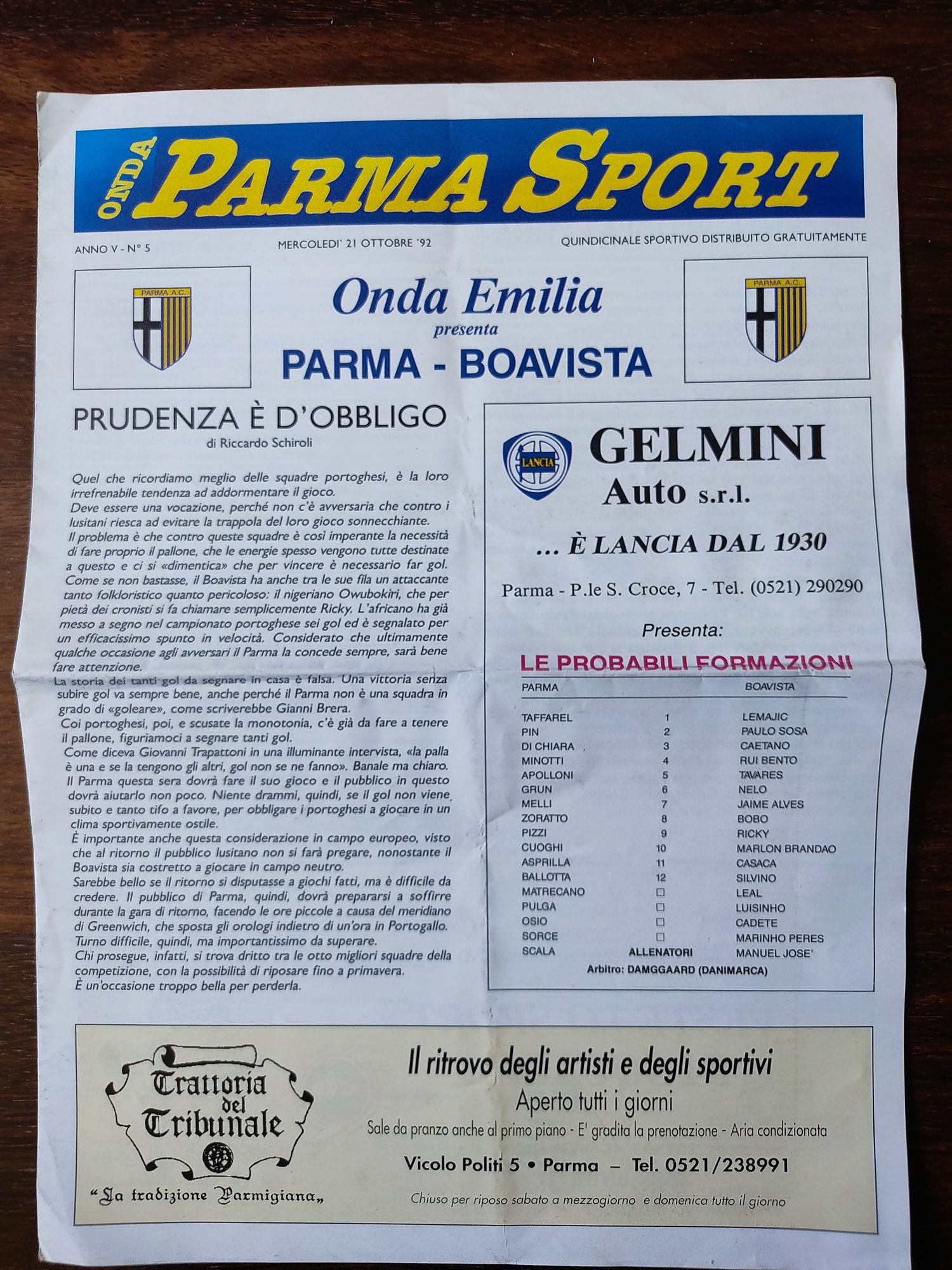 Programa de jogo Parma Boavista taça das taças 1992/1993