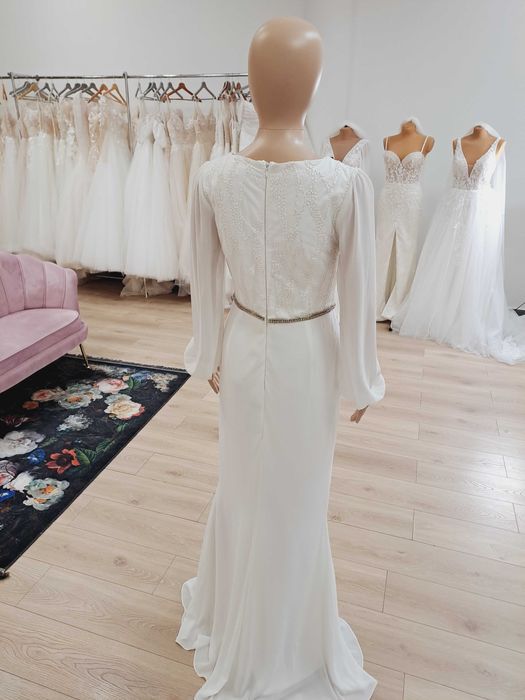 nowa prosta suknia ślubna z długim rękawem rybka syrenka 38 ivory