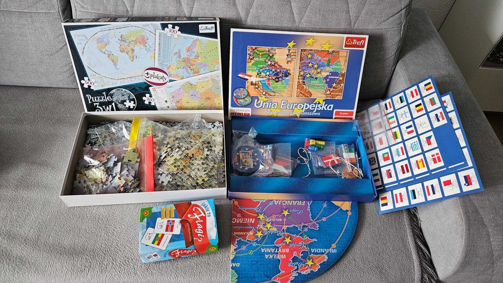 Zestaw: gra edukacyjna Unia Europejska i puzzle 3 mapy, gra Flagi