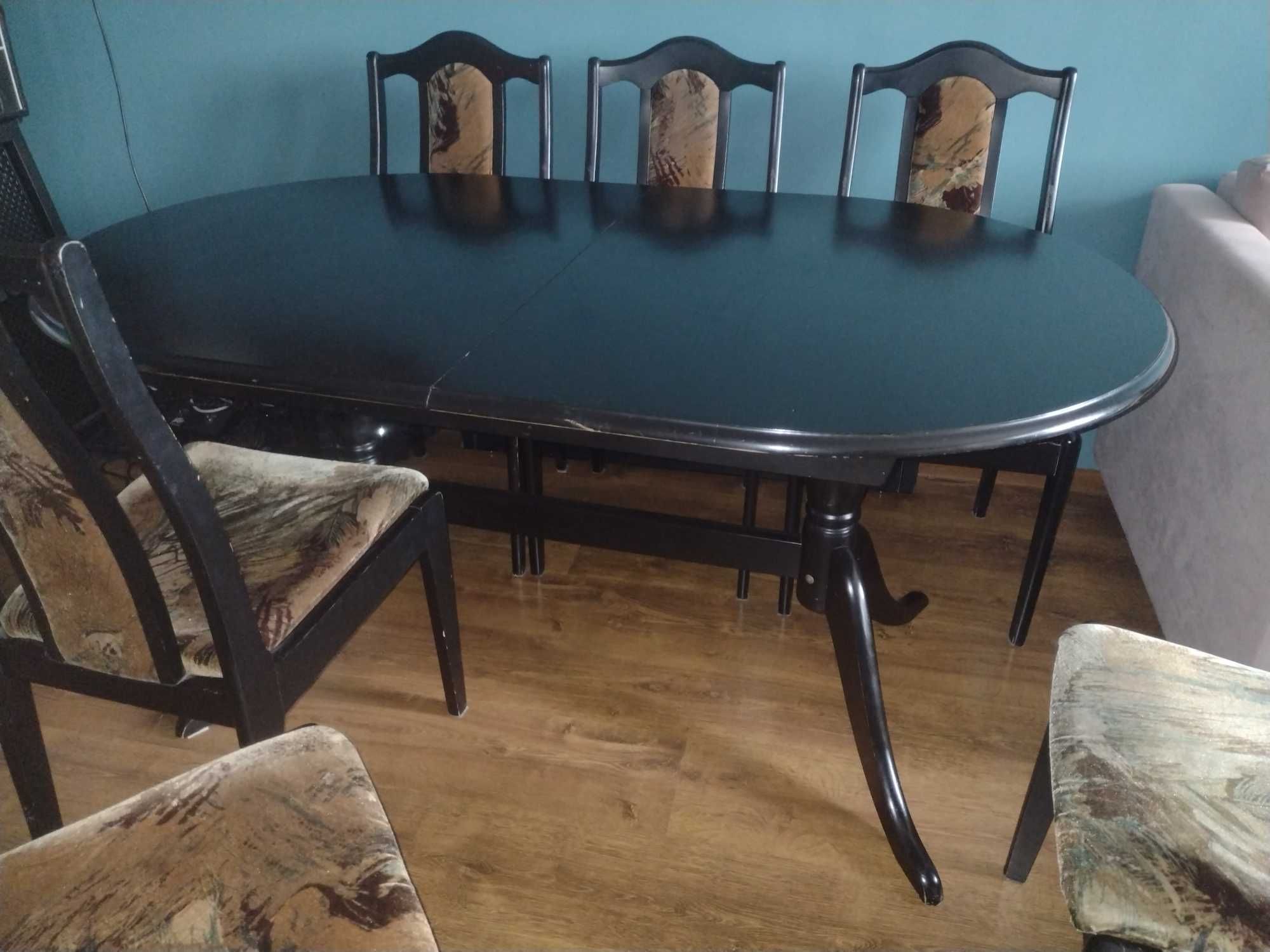 Stół drewniany rozkładany i 6 x krzesło tapicerowane zestaw