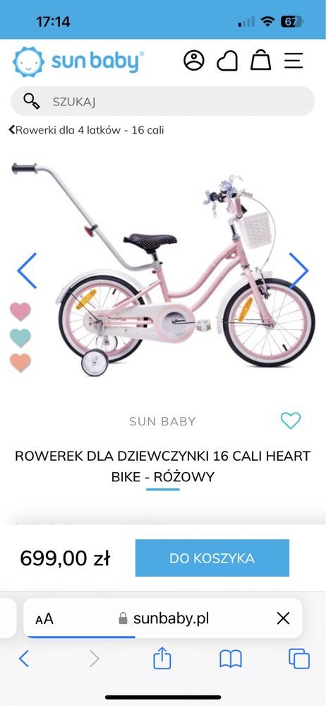 Rowerek dla dziewczynki Sun baby 16 cali pudrowy róż