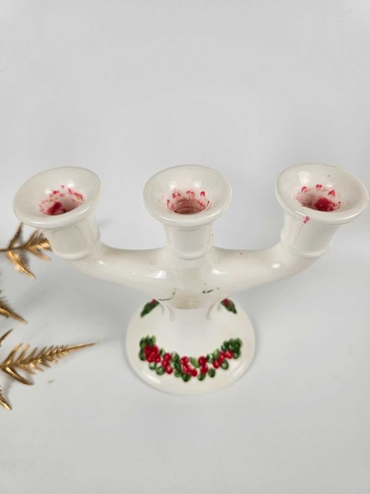 Ceramiczny świecznik vintage z czerwonym motywem