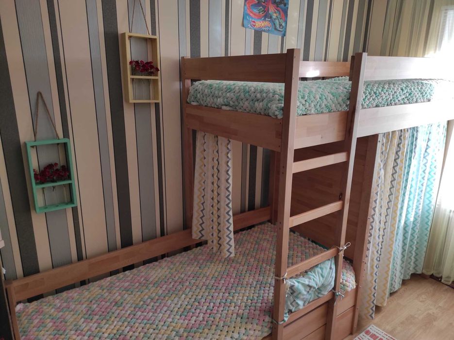 Двоярусне ліжко бук з шафою, шухлядою, дерев'яне дитяче ліжко, матрац
