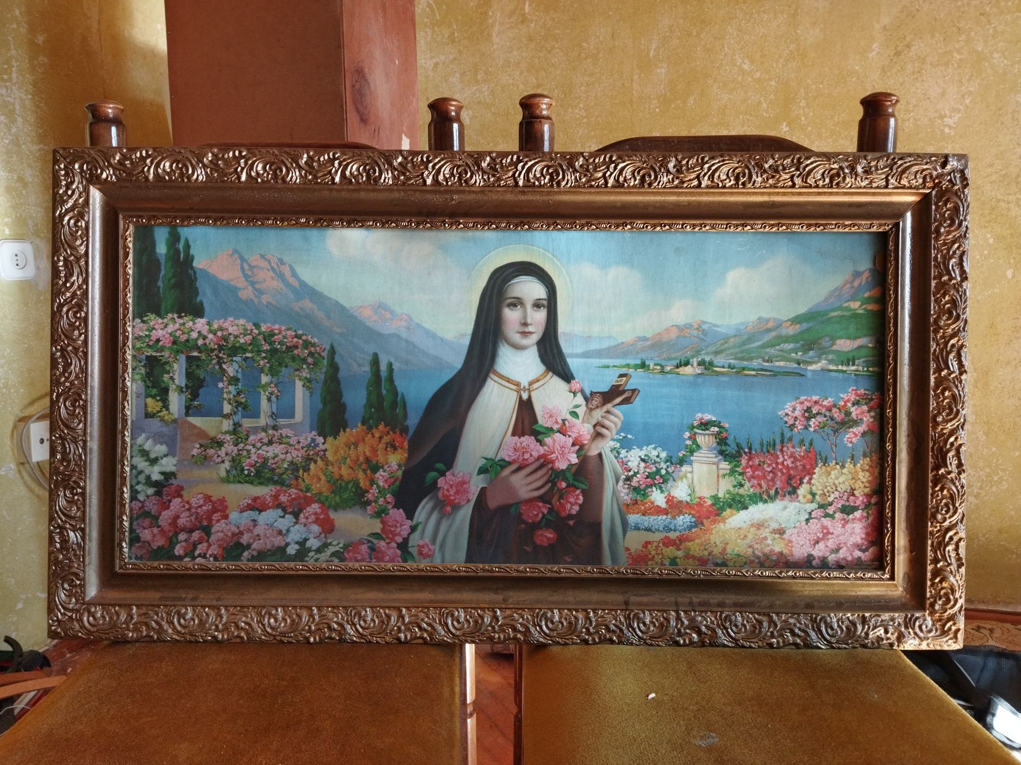 Stary duży obraz Świętej Teresy złota rama