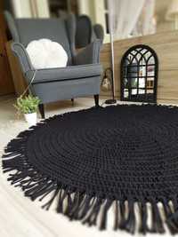 Dywan okrągły czarny z frędzlami ze sznurka bawełnianego 120 cm rękodz