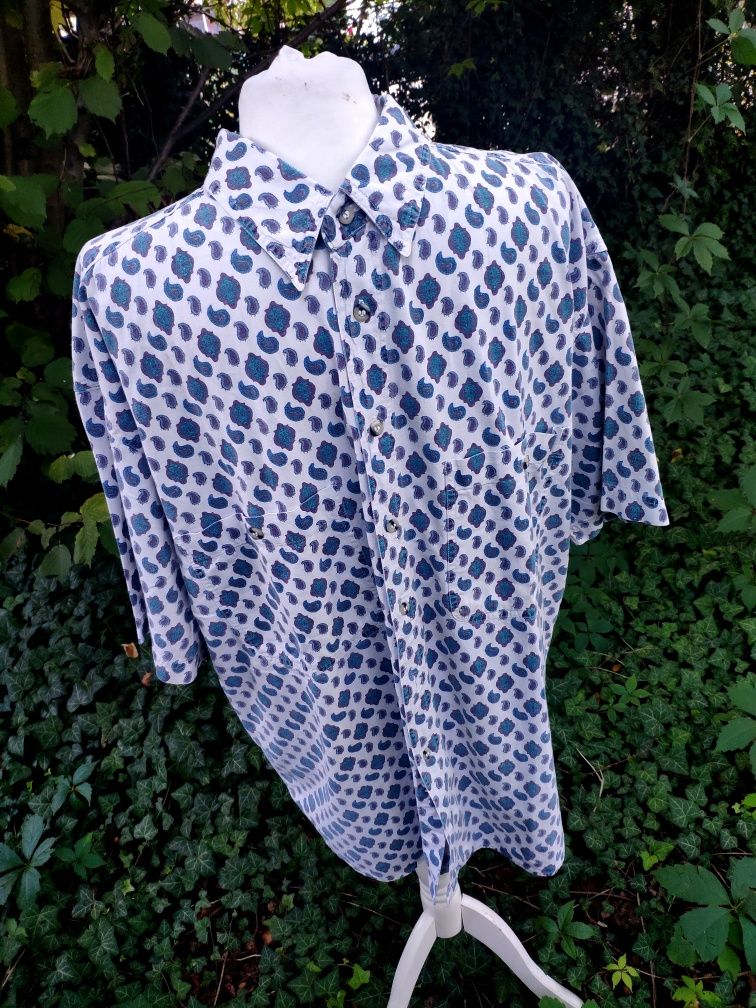 Koszula z krótkim rękawem bawełniana biała niebieska vintage XL