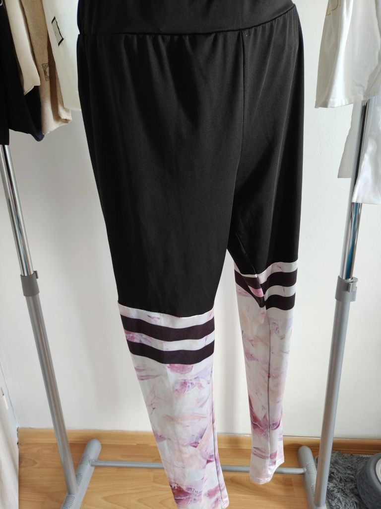 Świetne getry legginsy plus size r XL czarne z różem pasy