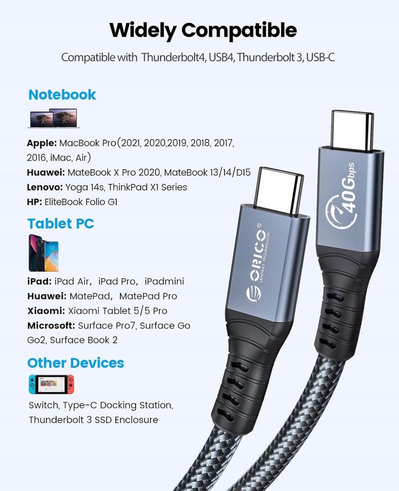 Kabel 0,8m ORICO dla Thunderbolt 4, prędkość transferu 40 Gb/s