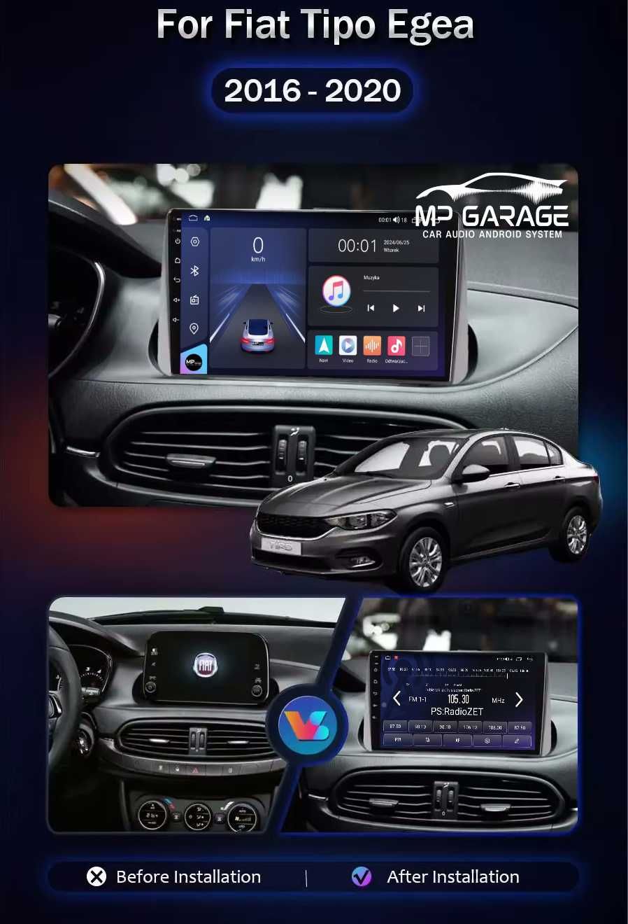 Radio Fiat Tipo 16-20 Android Apple CarPlay AndroidAuto Qled 4G Montaż