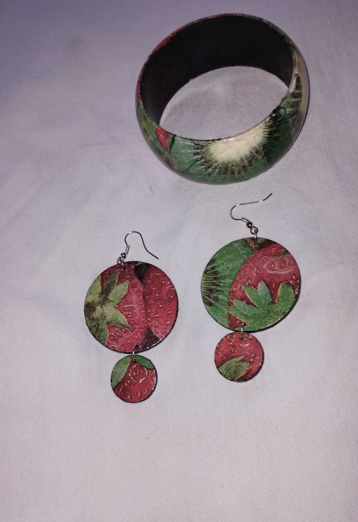 rękodzieło, bransoletka, kolczyki, decoupage, truskawka, kiwi