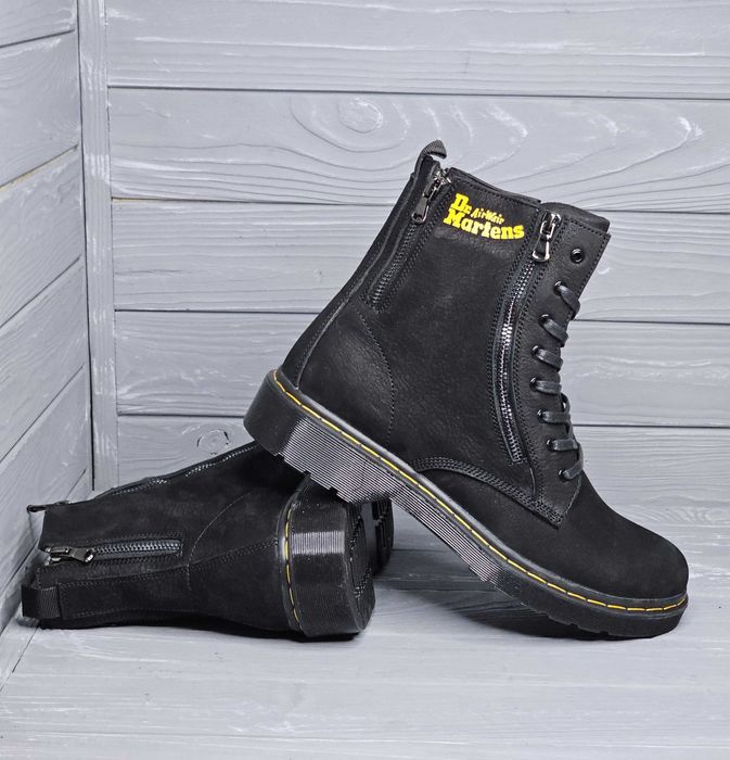 Мужские кожаные черные зимние ботинки мартинсы шнурок змейка!!!