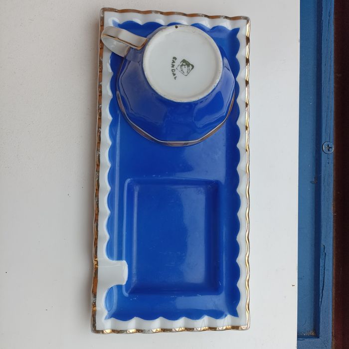 Conjunto raro chávena de café com bandeja cinzeiro em porcelana Candal