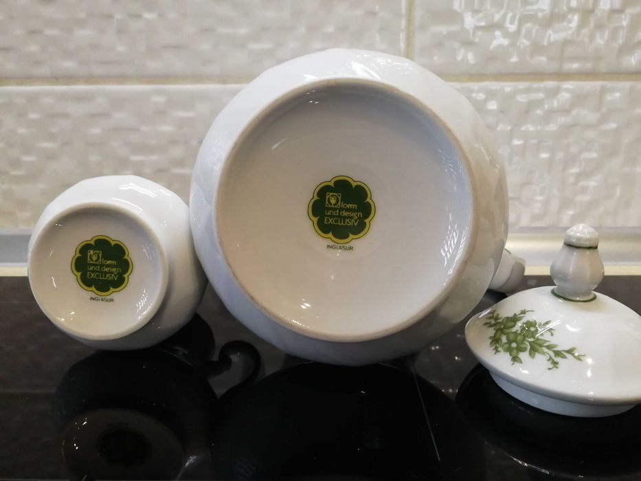 Dzbanek i mlecznik, porcelana NB Form und Design, zielony dekor