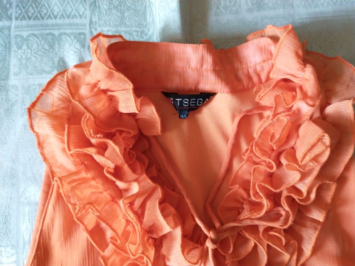 Tunika, bluza, mini sukienka pomarańczowa z falbankami