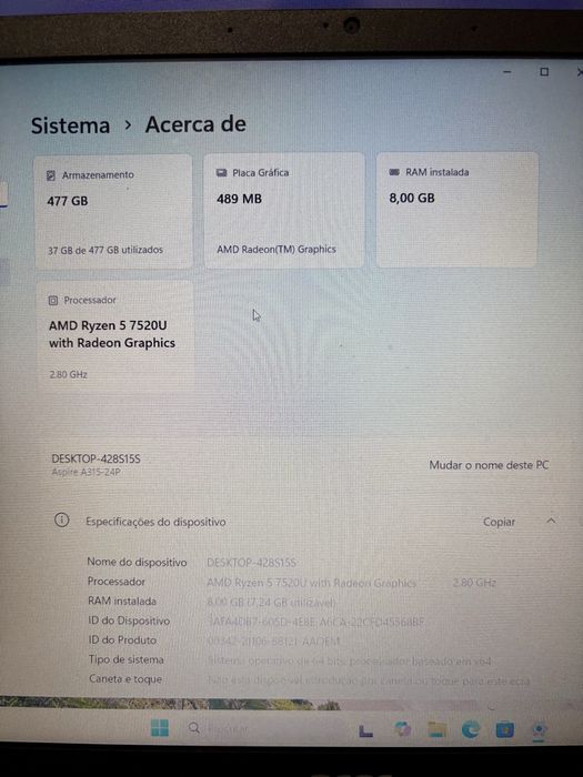 Portátil Acer Aspire Ryzen 5, 8GB RAM, 500GB, 15,6" Full HD, como novo