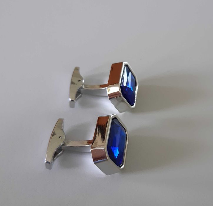 Spinki do mankietów koszuli nowe prostokątne srebrno niebieskie