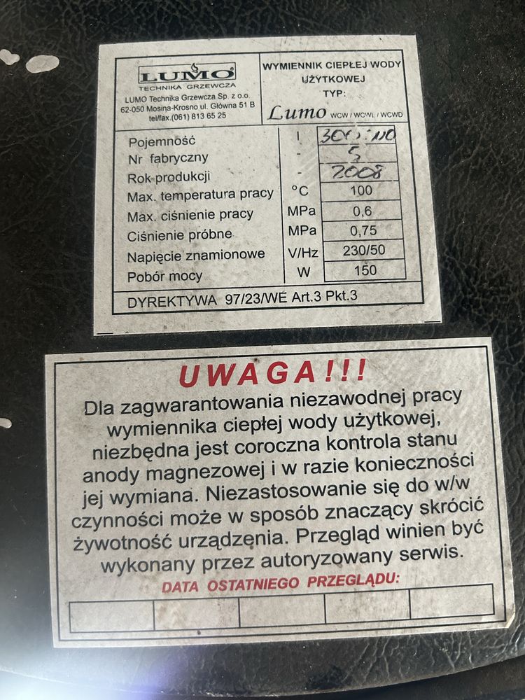 Lumo Zbiornik Wymiennik 300l. ciepłej wody użytkowej