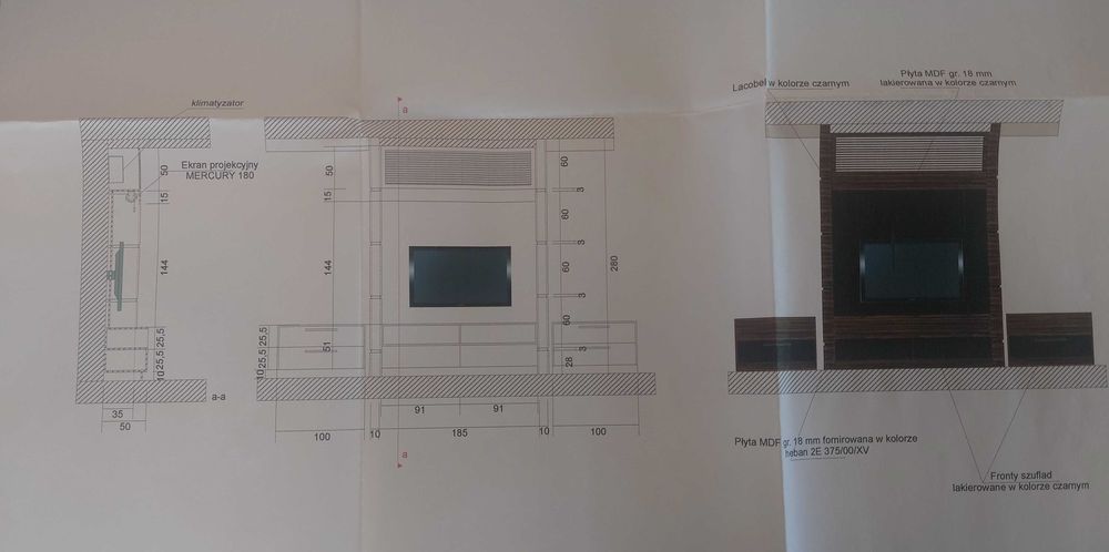 Szafki pod TV do salonu, płyta mdf lakierowana na czarno+heban.