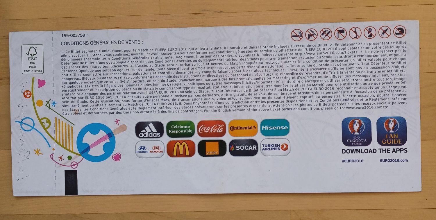 Raro bilhete Portugal Áustria Euro 2016