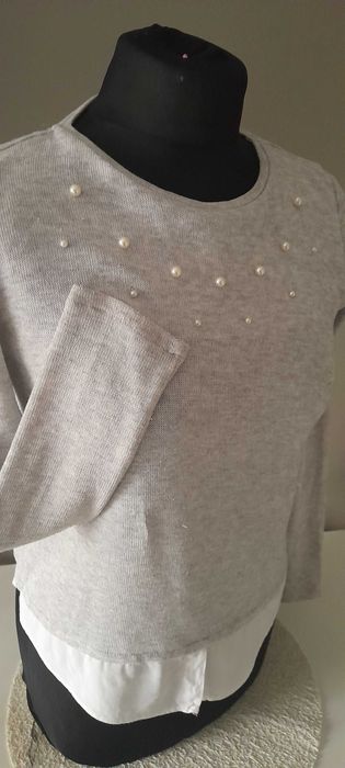 H&M bluzka sweterek dziewczęcy z koszula i perełkami r. 146/152