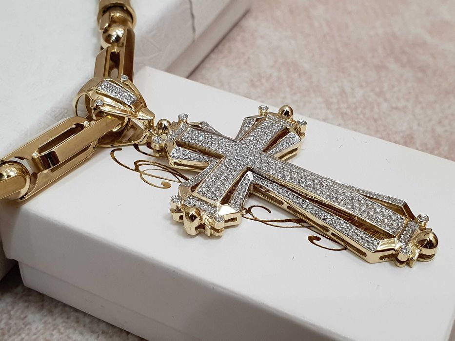 Złoty Łańcuch+KRZYŻ "KC" Z Diamentami-288szt,Waga-125gr.EKSLUZYWNĄ-14K
