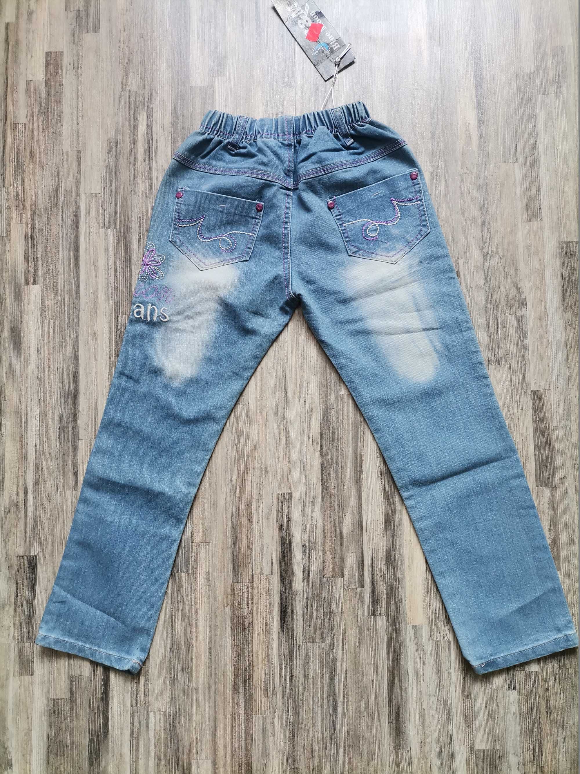 nowe spodnie jeansowe 128 jeans rozciągliwy gumka niebieski księżyc