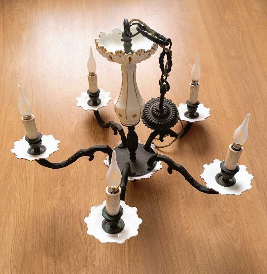 Candeeiro vintage de teto 5 lumes bronze latão e vidro leitoso