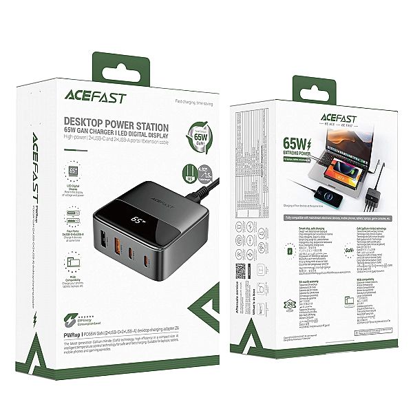 Stacja ładująca Acefast Z6 PD65W GaN (2 x USB-C + 2 x USB-A) z końcówk