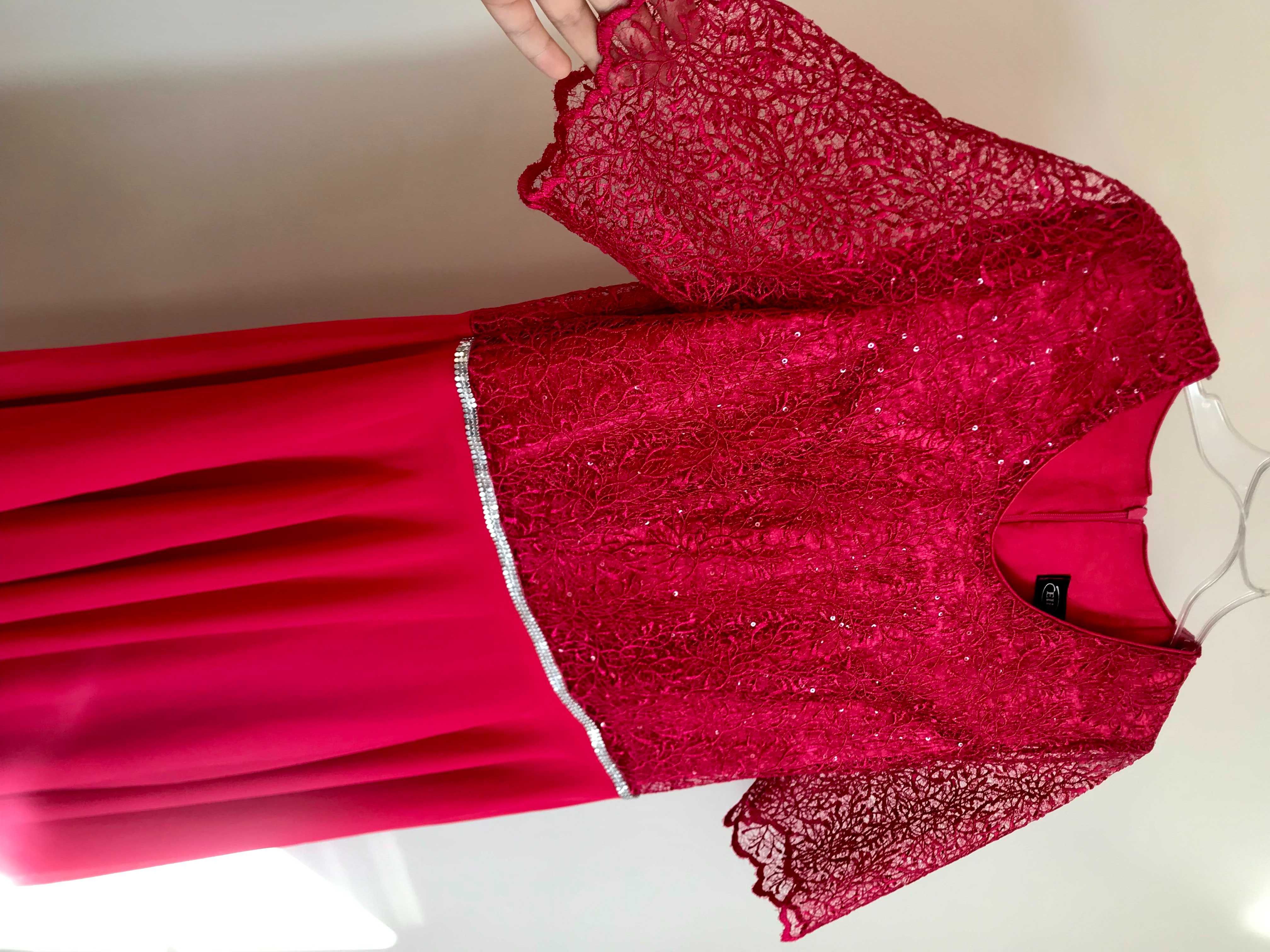 malinowa sukienka suknia na wesele sylwestra L XL 40 koronka czerwona