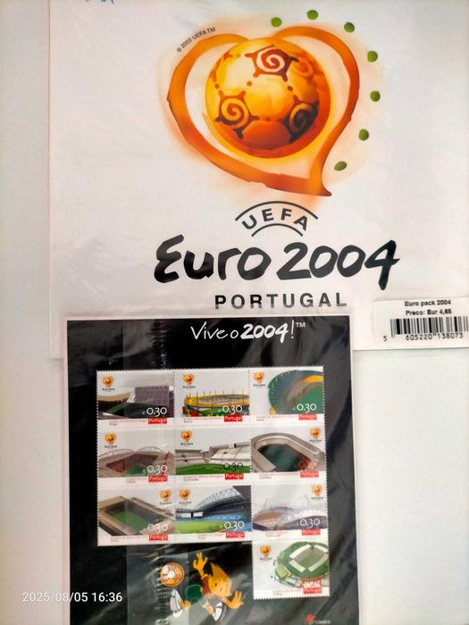 selos euro 2004 e envelope alusivo com selos e moeda de mil escudos