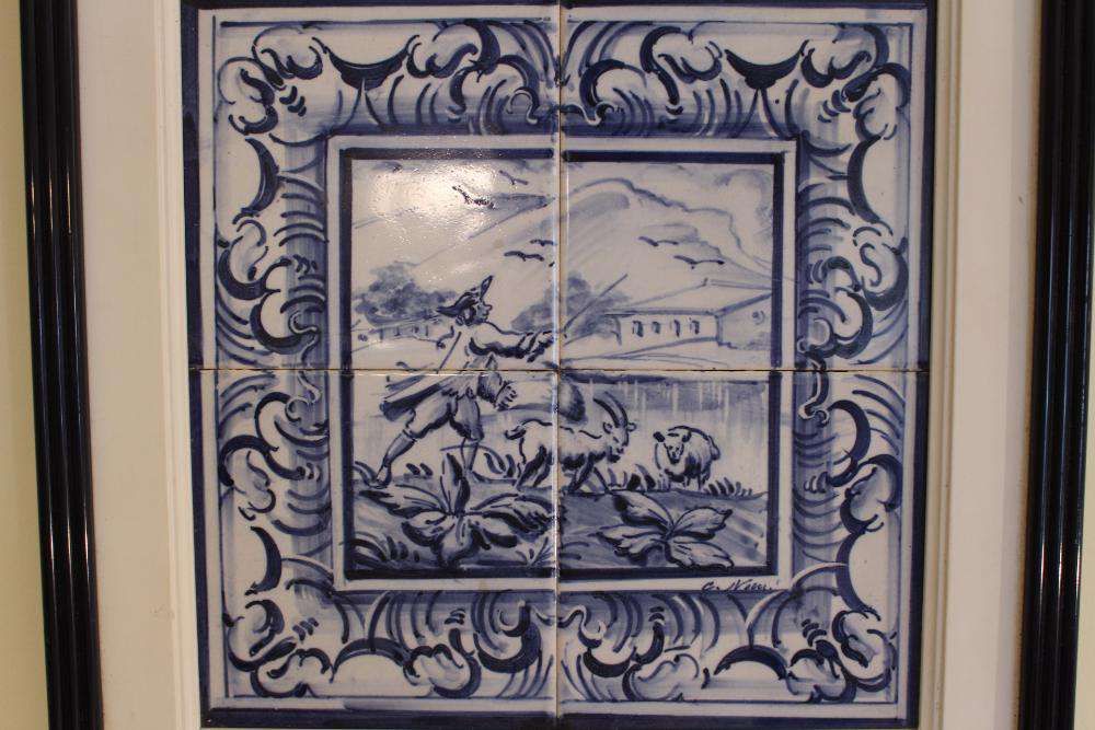 C. Neves Painel de 4 azulejos assinado "Paisagem com Pastor" XIX