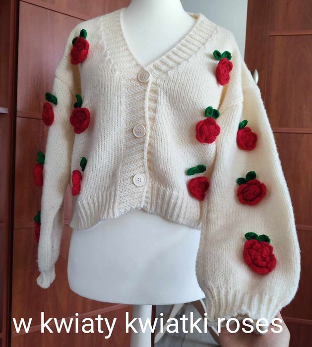 Sweter sweterek kardigan 3d 3D w kwiaty kwiatki listki roses wiosenny